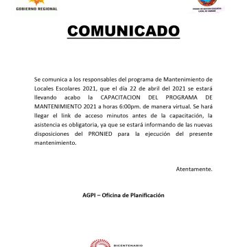 COMUNICADO OFICINA DE PLANIFICACIÓN: CAPACITACIÓN DEL PROGRAMA DE MANTENIMIENTO 2021