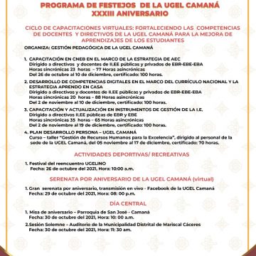 PROGRAMA DE FESTEJOS UGEL CAMANÁ POR SUS XXXIII ANIVERSARIO DE VIDA INSTITUCIONAL