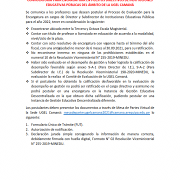 CONVOCATORIA PARA ENCARGATURA EN PUESTOS DIRECTIVOS DE INSTITUCIONES EDUCATIVAS PÚBLICAS DEL ÁMBITO DE LA UGEL CAMANÁ