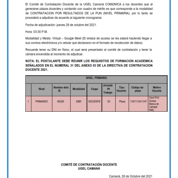COMUNICADO Nº 049: CONTRATACIÓN POR RESULTADOS DE LA PUN – NIVEL PRIMARIA