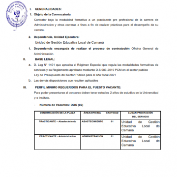 CONVOCATORIA DE PRACTICANTE PARA LA UNIDAD DE GESTION EDUCATIVA LOCAL DE CAMANA  – 2021