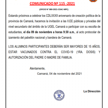 COMUNICADO Nº 115:  Invitación a las II.EE públicas y privadas del nivel secundario del ámbito de la UGEL Camaná a participar con su escolta de estudiantes por el aniversario de CDLXXXII aniversario de la provincia de Camaná