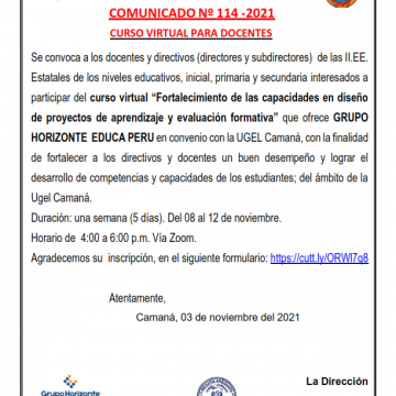 COMUNICADO Nº 114: Curso virtual “Fortalecimiento de las capacidades en diseño de proyectos de aprendizaje y evaluación formativa” que ofrece GRUPO HORIZONTE EDUCA PERU