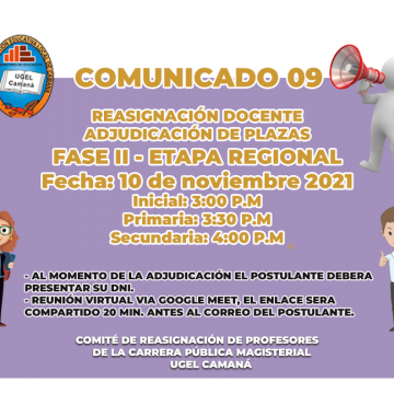 COMUNICADO 09: REASIGNACIÓN DOCENTE ADJUDICACIÓN DE PLAZAS FASE II ETAPA REGIONAL