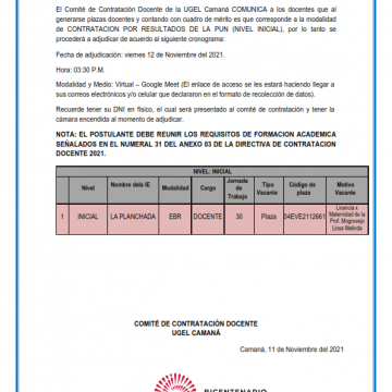 COMUNICADO Nº 051-2021: CONTRATACIÓN POR RESULTADOS DE LA PUN – NIVEL INICIAL