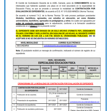 COMUNICADO Nº 052: CONTRATACIÓN POR EVALUACION DE EXPEDIENTES – NIVEL SECUNDARIO EDUCACIÓN FÍSICA