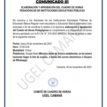 COMUNICADO 01: ELABORACIÓN Y APROBACIÓN DEL CUADRO DE HORAS PEDAGÓGICAS DE INSTITUCIONES EDUCATIVAS PÚBLICAS