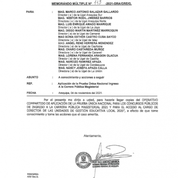 MEMORANDO MULTIPLE Nº 113: APLICACION DE LA PRUEBA UNICA NACIONAL INGRESO A LA CARRERA PÚBLICA MAGISTERIAL