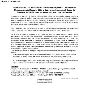 SIMULACRO DE LA APLICACION DE LA EVALUACION PARA EL CONCURSO DE NOMBRAMIENTO DOCENTE 2021 Y CONCURSO DE ACCESO AL CARGO DE DIRECTOR DE UGEL 2020