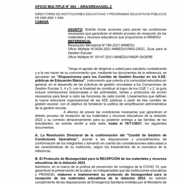 OFICIO MULTIPLE N° 062: Acciones para prever las condiciones necesarias que garanticen el debido proceso de recepción de los materiales y recursos educativos que proporciona el MINEDU