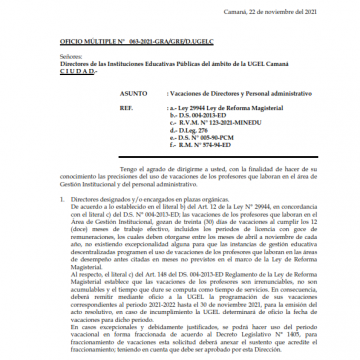 OFICIO MULTIPLE Nº 063-2021: VACACIONES DE DIRECTORES Y PERSONAL ADMINISTRATIVO DE LA UGEL CAMANÁ
