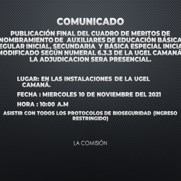 PUBLICACIÓN FINAL DEL CUADRO DE MERITOS DE NOMBRAMIENTO DE  AUXILIARES DE EDUCACIÓN DE EDUCACIÓN BÁSICA REGULAR INICIAL Y SECUNDARIA  Y BÁSICA ESPECIAL INICIAL DE LA UGEL CAMANÁ