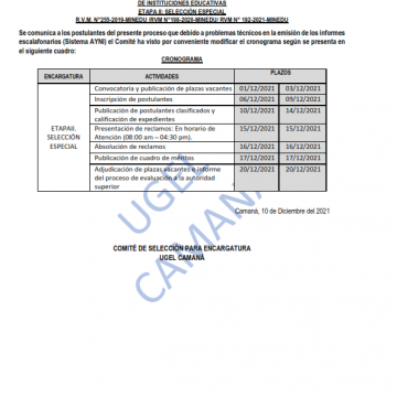 COMUNICADO 08: MODIFICACIÓN DEL CRONOGRAMA PARA EL PROCESO DE ENCARGO DE PLAZAS VACANTES DE CARGOS DIRECTIVOS ETAPA II: SELECCIÓN ESPECIAL