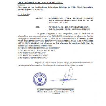 OFICIO MULTIPLE N°069-2021 AUTORIZACIÓN PARA BRINDAR SERVICIO EDUCATIVO SEMIPRESENCIAL