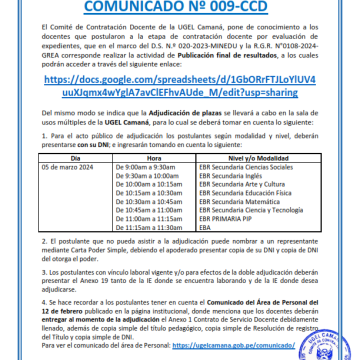 COMUNICADO Nº 009-CCD: Publicación final de resultados y adjudicación de plazas