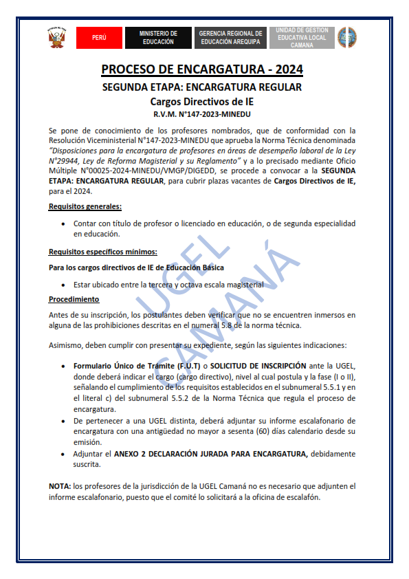 PROCESO DE ENCARGATURA 2024 SEGUNDA ETAPA ENCARGATURA REGULAR Cargos