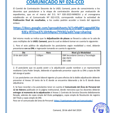 COMUNICADO Nº 024-CCD: Adjudicación de plazas vacantes – Contratación por evaluación de expedientes.COMUNICADO Nº 024-CCD: